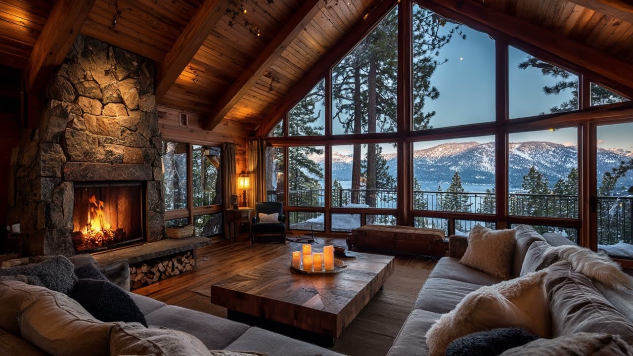 Lake Tahoe Summer Jazz Cabin | Cozy Fireplace Ambience with Snowy Mountain Views