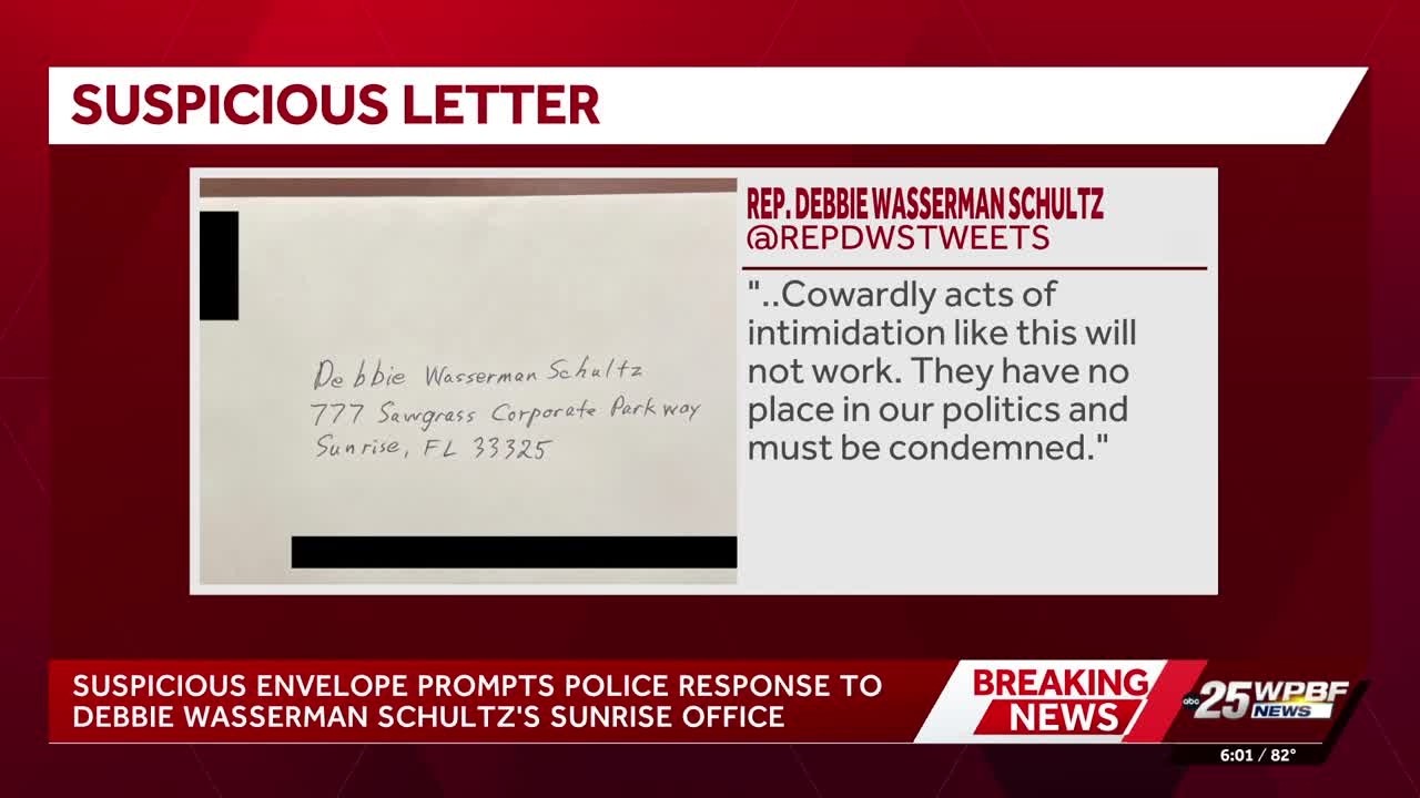 Suspicious envelope reported at Rep. Debbie Wasserman Schultz&rsquo;s South Florida office