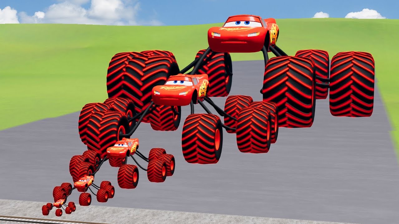 Big & Small McQueen Spider Wheels Monster VS Train | BeamNG.drive