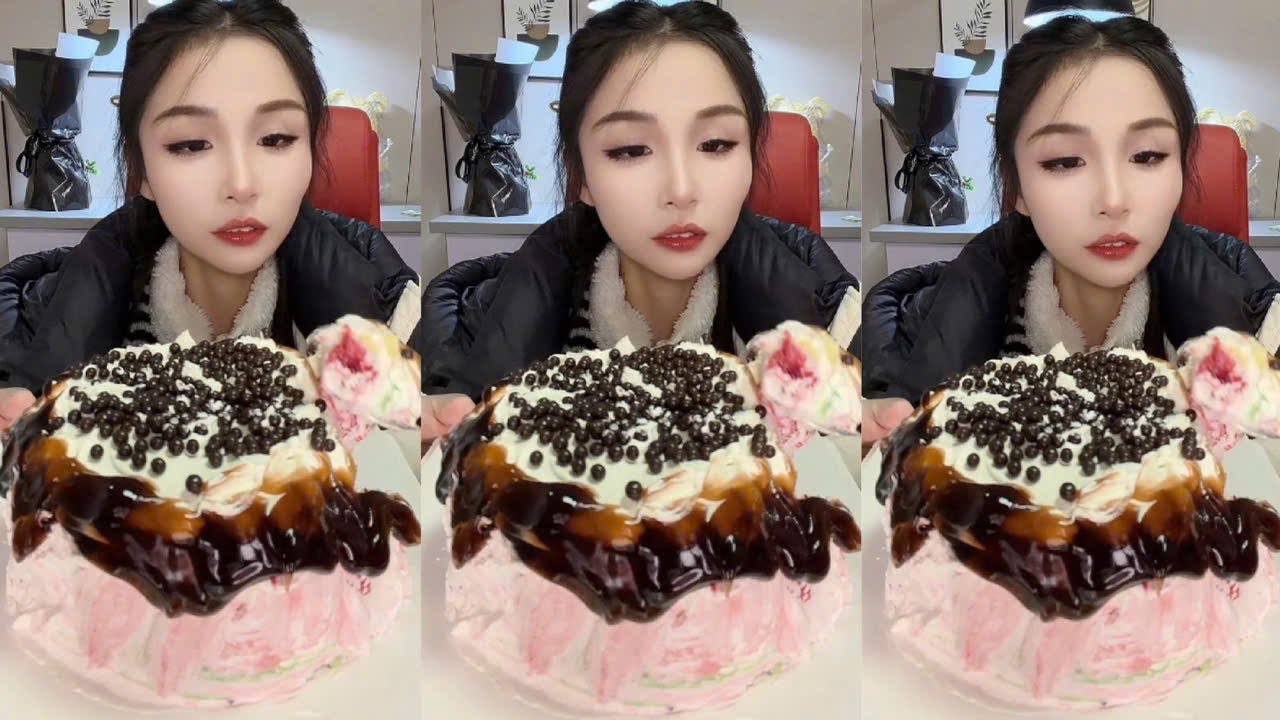 Eating Strawberry Cream Cake with Black Tapioca Pearls, Challenge Eat Cream Cake