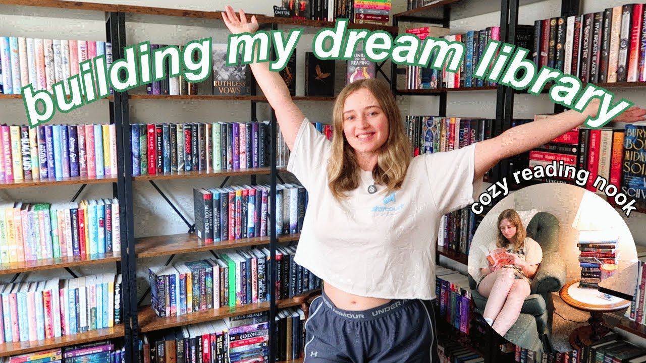 building my DREAM LIBRARY! 🌿📚 hundreds of books, cozy reading nook, home office tour
