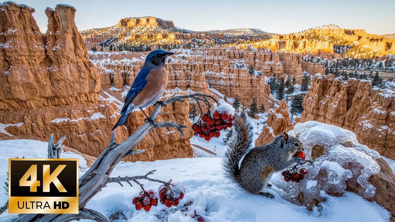 Birds and Squirrels in the Snow at Bryce Canyon 4K Ultra HD
