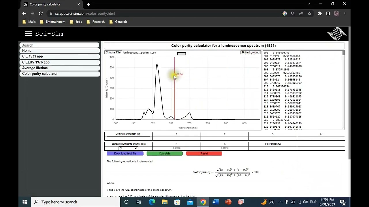 How to calculate color purity of a lminescence spectrum