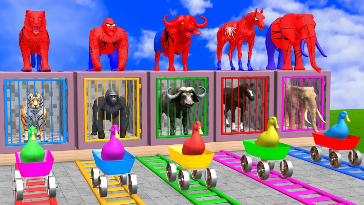 Long Slide Game With Cow Elephant Gorilla Hippopotamus Tiger - 3d Animal Game - Funny 3d Animals