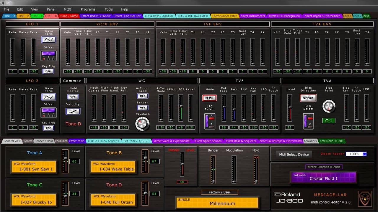 Roland JD 800 ctrlr midi controller and editor