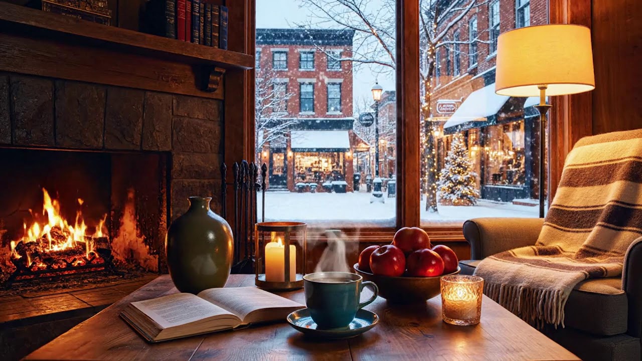 Jazz Playing While It Snows ☕ Fireplace Café Ambience to Stay Concentrated