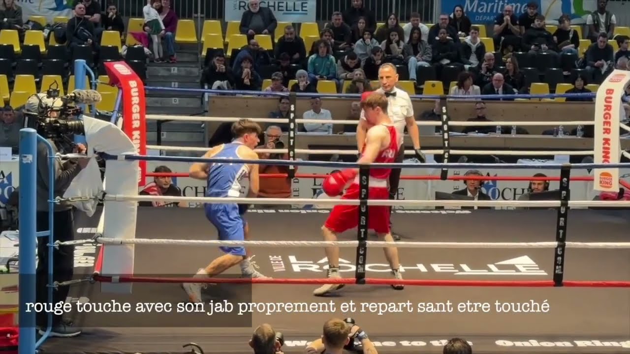 GAUCHER Josue tape la tete et se blesse arrêt 1e round. FINAL CHAMPIONNAT FRANCE BOXE ELITE ASKHAPOV