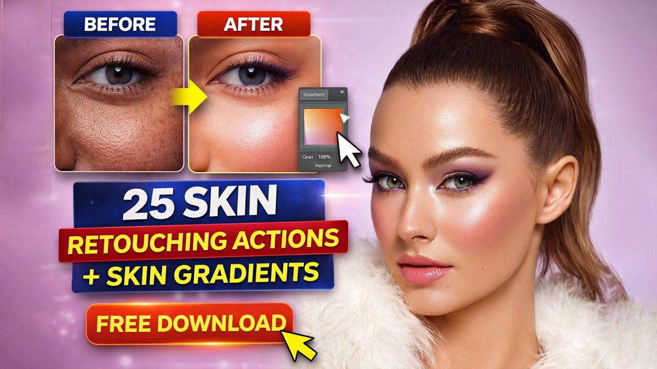 25 Pro Skin Retouching Actions + Skin Gradient Pack for All Skin Tone I Photoshop (FREE DOWNLOAD)