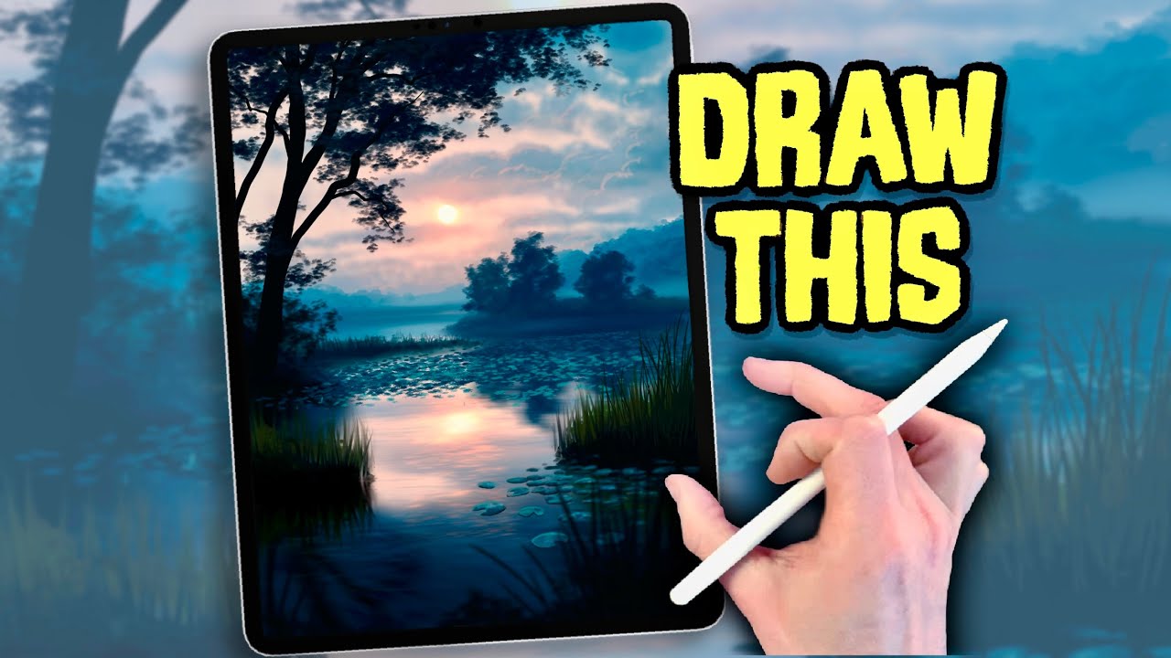 PROCREATE Landscape Drawing Tutorial in EASY STEPS - TREE LAKE SUN