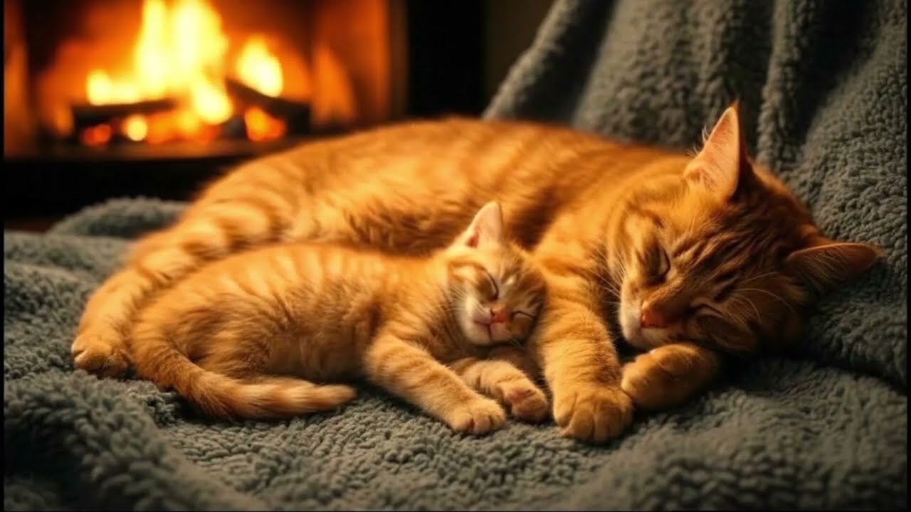 Sleepy Kittens Snuggle by Fireplace on Rainy Night 🌙🔥 Cozy ASMR for Relaxation