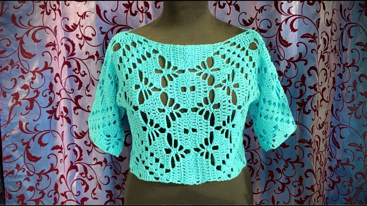 Schicker Kurzpulli aus HEXAGON Muster 11 #häkeln #petraperle #Hexagon#crochet#pullover#shirt#bluse