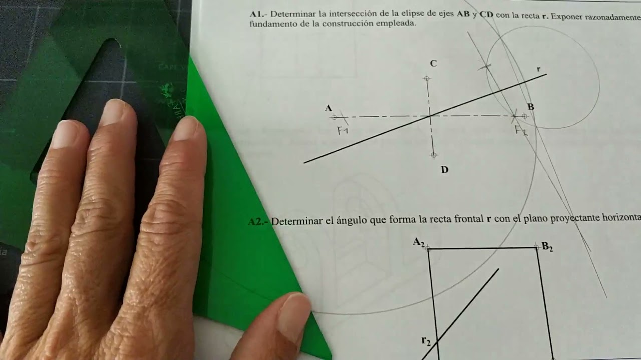 Intersección de recta con elipse. Ejercicio A1 EVAU Extraordinaria 2021. Dibujo Técnico. Madrid.