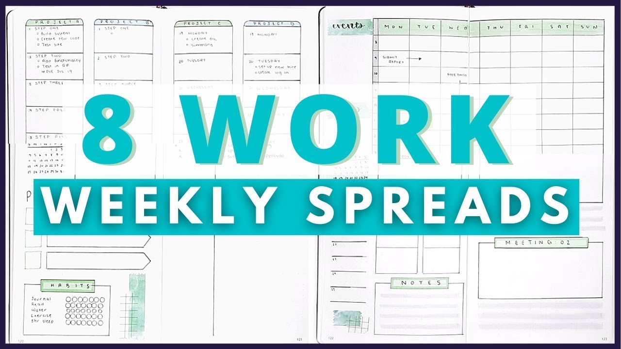 8 ДВУХСТРАНИЧНЫХ макетов еженедельного разворота Bullet Journal для работы (СЕКРЕТЫ координатора ...