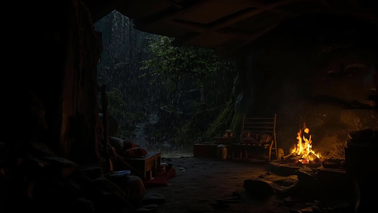 No Ads, 12 Hours in a Hidden Cozy Cave | Bonfire & Rain Ambience – A Calm Haven Amid the Storm 🌧️🔥