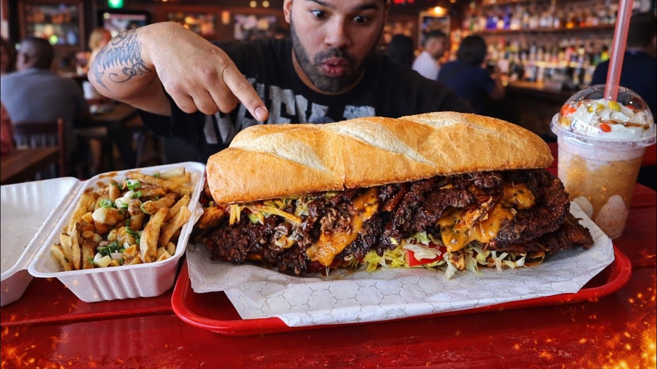 30 MINUITES TO FINISH THIS 3 LBS STAIRCASE SANDWICHE, POUTINE, AND MILKSHAKE
