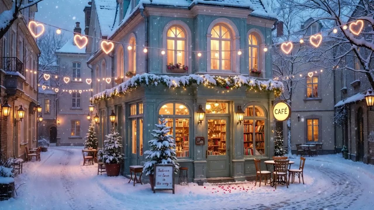 Cozy Winter Bookstore Café Ambience 4K ❄️ Snowy European Street with Warm Piano Jazz