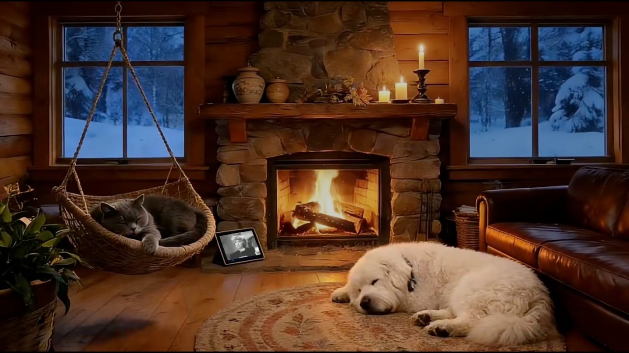 Fireplace Sounds White Noise for Sleep | Cozy Log Cabin | Snowy Night Window | Sleeping Dog & Cat