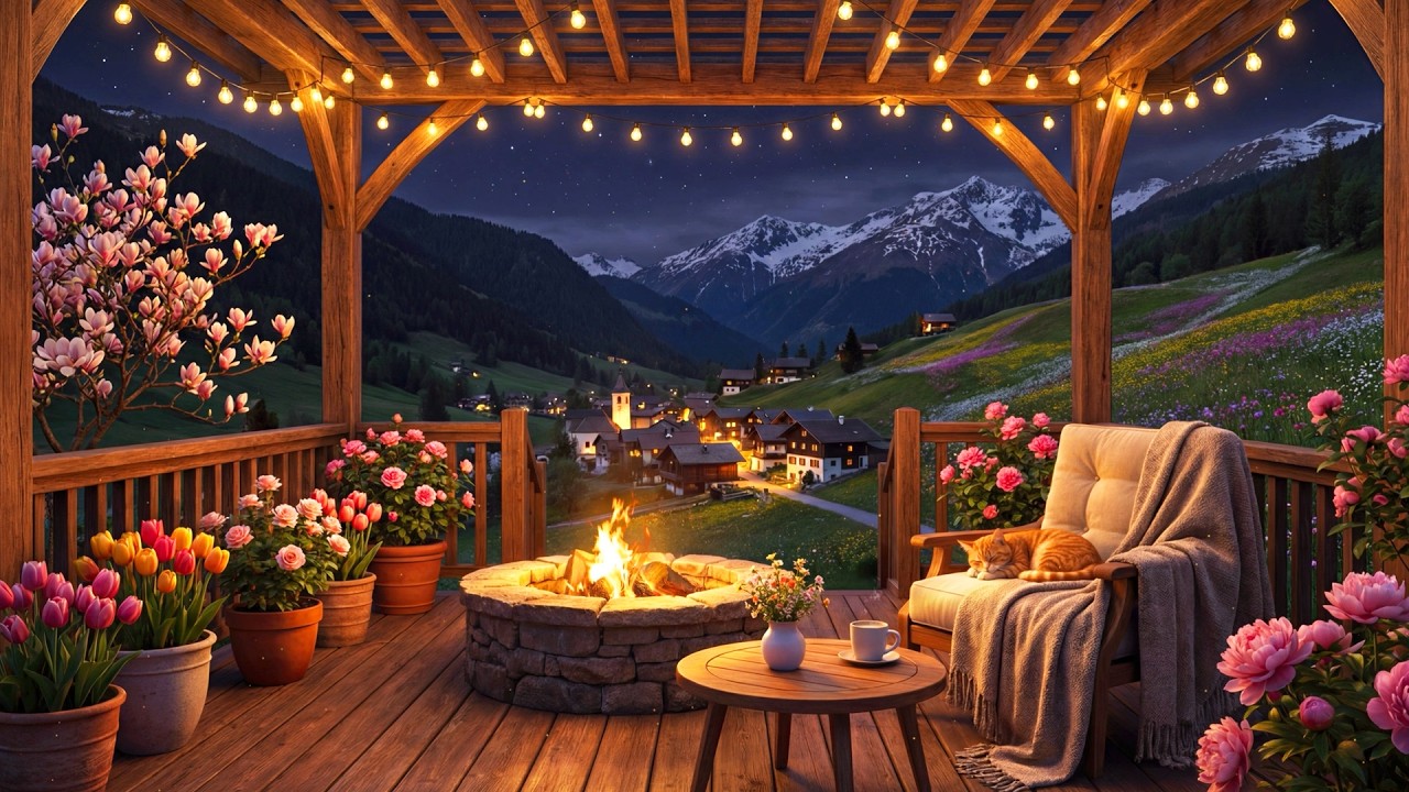 Spring Mountain Village Night Fire Pit 🔥 | Cozy Cabin Porch Ambience for Sleep & Relax
