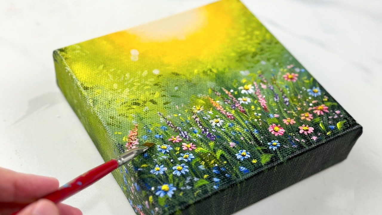 Easy Colorful Flower Field Painting / Acrylic Summer Painting Idea