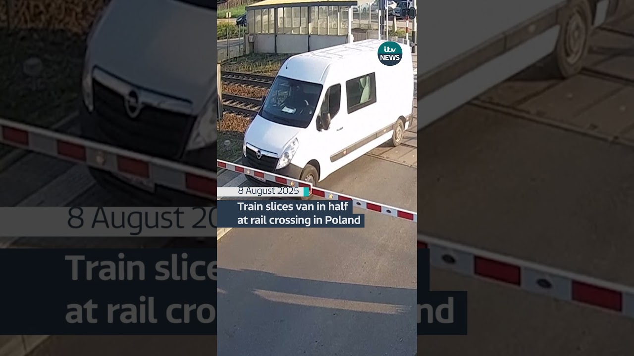 The van driver, train crew and passengers were uninjured in the collision #itvnews #poland #krak&oacute;w