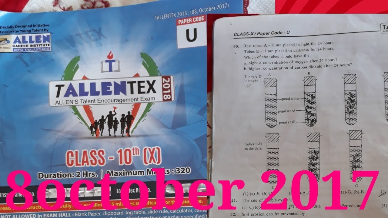Tallentex 8october 2018 Question paper Code U Class10  Allen