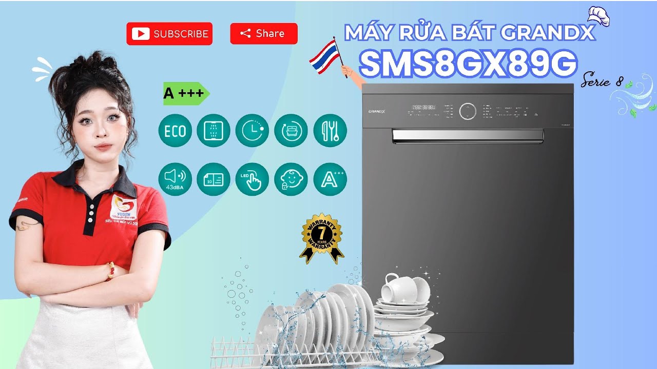 Máy rửa bát GrandX SMS8GX89G: Công nghệ hiện đại, Rửa siêu sạch, Sấy cực khô