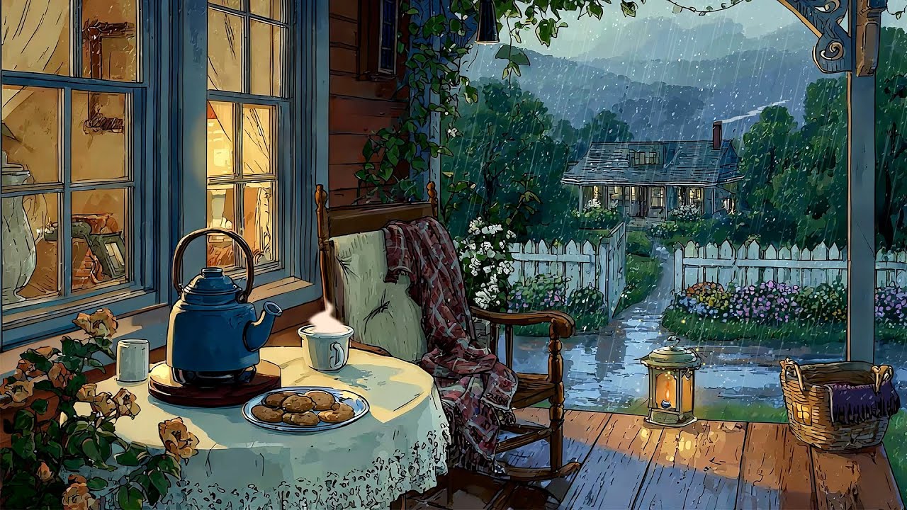 Front Yard Countryside 🌧️  1940s Oldies Playing Softly from Another Room ( Rainy Sounds ambience )