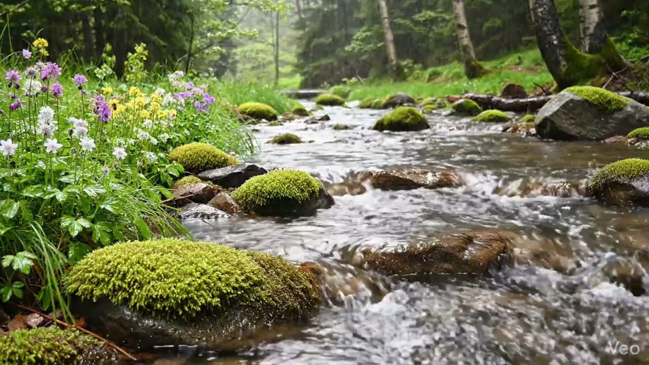 Rain in a Mossy Forest River | Calm Nature Ambience for Sleep, Study & Relax