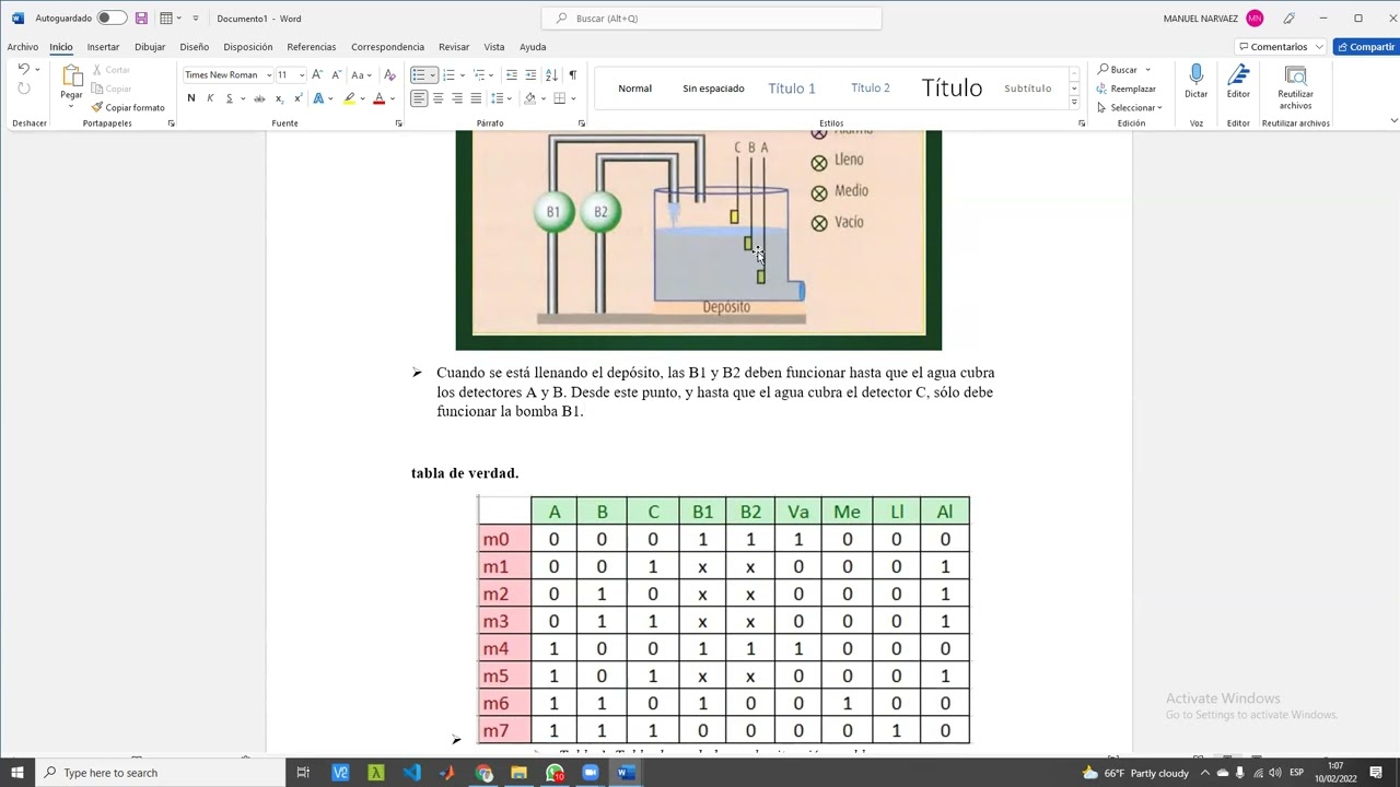 1. Obtener tabla de verdad y funciones lógicas para el control de llenado de un depósito de agua