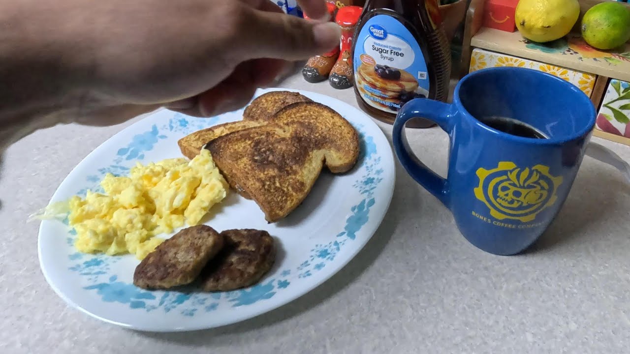 4k POV eggs sausage,coffee, breakfast