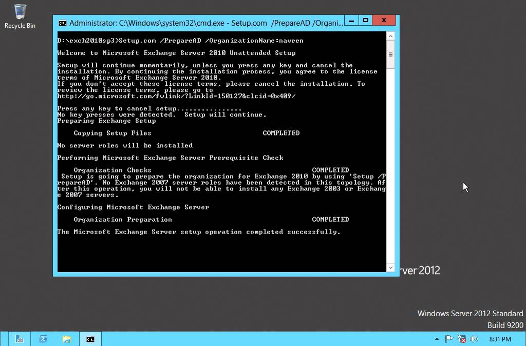 Microsoft Exchange Server 2010 SP3 (Installation or Configuration) on windows server 2012