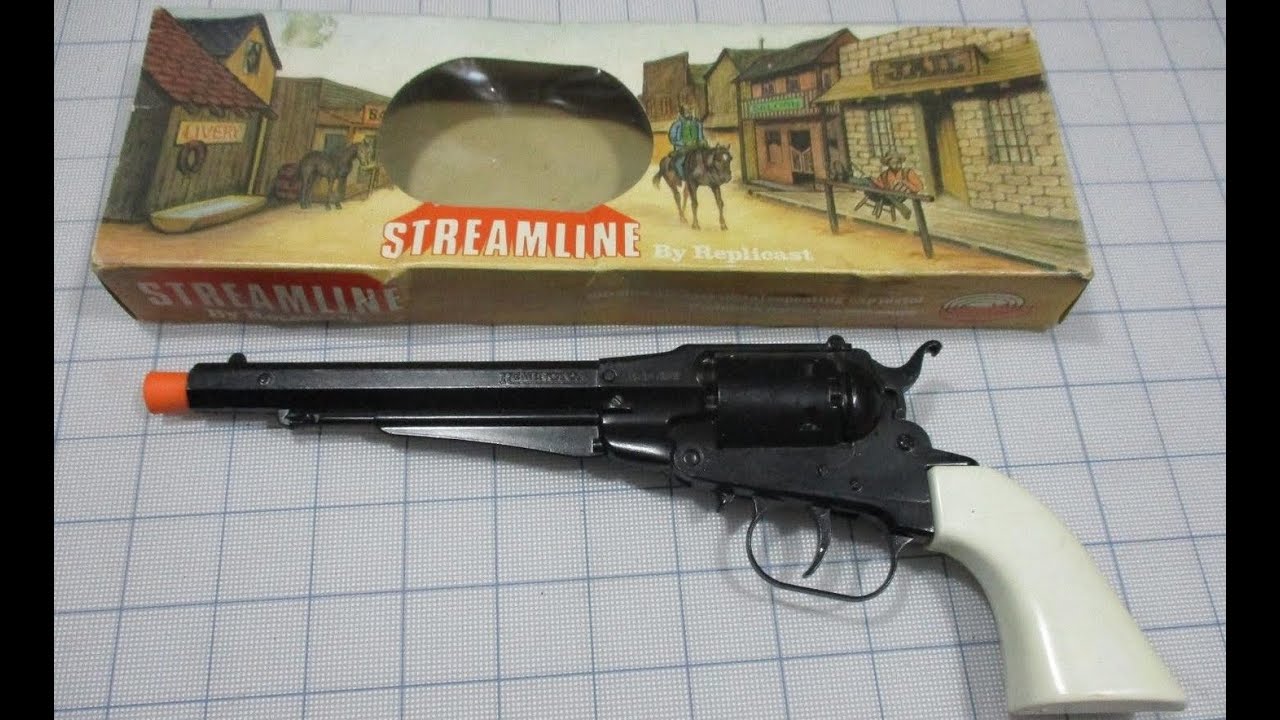 VINTAGE 1964 REPLICAST REVOLVER REMINGTON ARMY 44 CAP GUN TOY FULMINANTES PAPER TAPE CAPS STREAMLINE