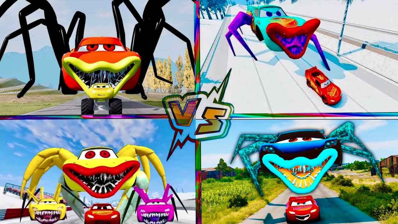 🔥 GIANT MONSTER CARS vs Lightning McQueen in Tiles Hop! 🚗🕷️ Who Will Win? EPIC Chase! 