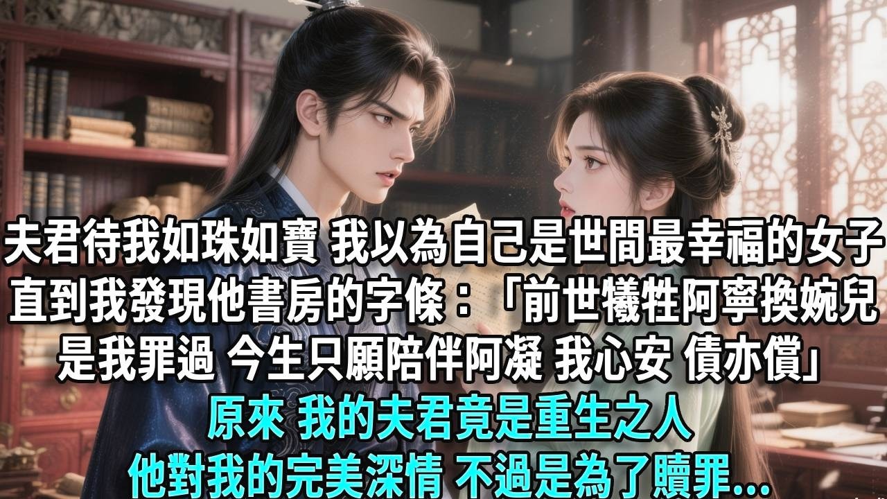 成婚後，夫君待我如珠如寶，有求必應。我以為自己是世間最幸福的女子，直到我發現了他書房的字條：「前世犧牲阿寧換婉兒，是我罪過。今生只願陪伴阿凝，我心安債亦償。」原來，我的夫君竟是重生之人，他對我的完美深