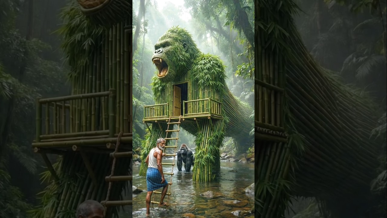 Handmade Secret Bamboo Gorilla Shelter Amazing Reveal 🔥🦍✨ #ai #shelter #craft