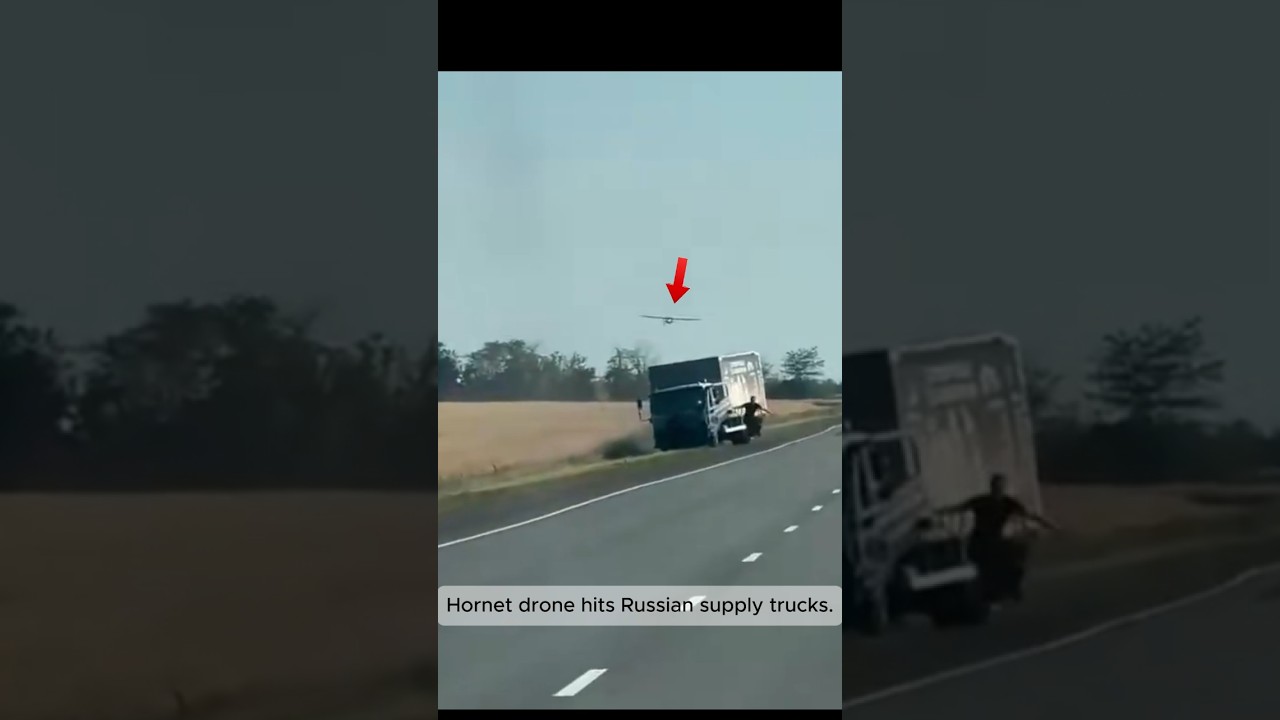Ukrainian Hornet Drone Destroys Russian Supply Trucks #Ukraine #Russia #HornetDrone #DroneStrike