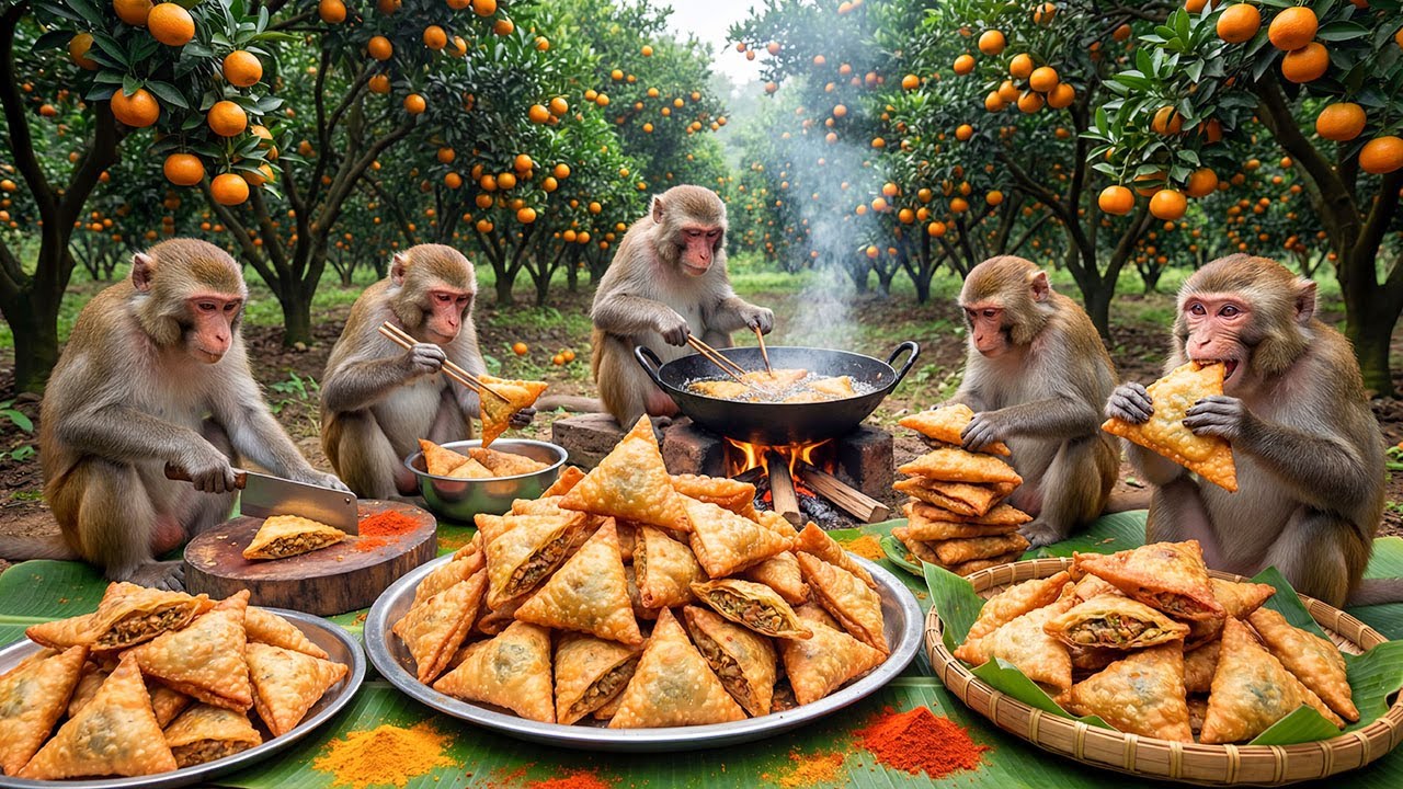 बंदरों ने मिलकर बनाया समोसा और चटनी |Monkeys Making Samosa in the Tangerine Garden | Monkeys Cooking