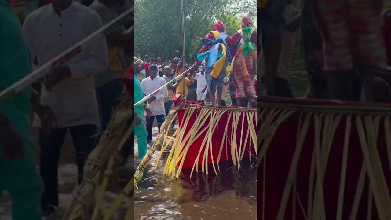 Man pulling canoe at the Okosi festival 2023