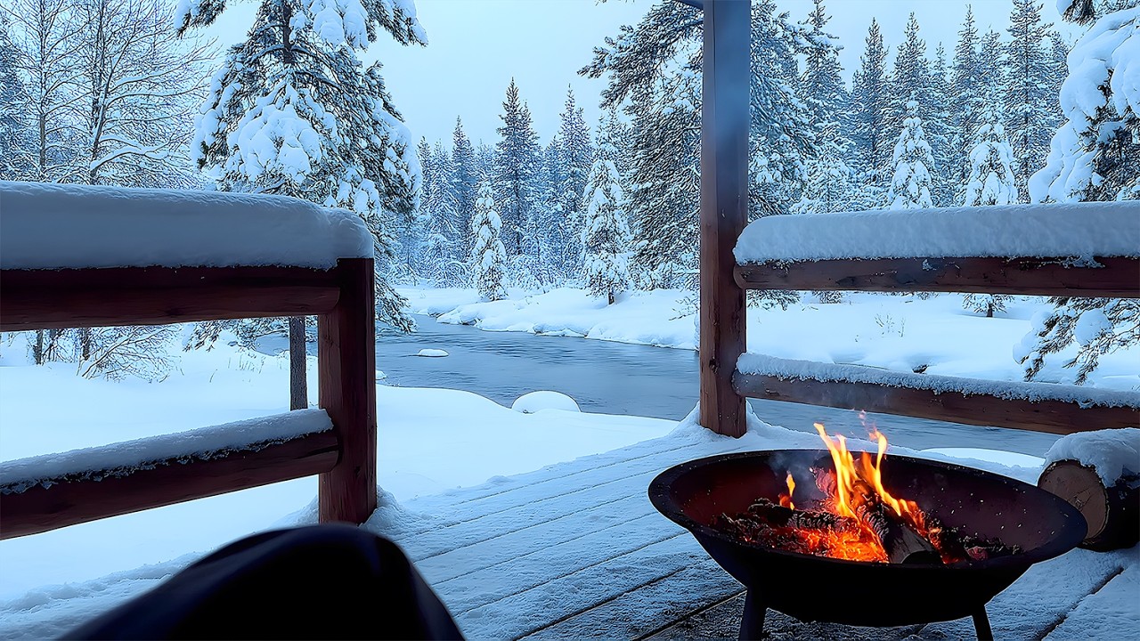Deep Winter Blizzard Cabin: First-Person View Fire Pit & Frozen River ASMR