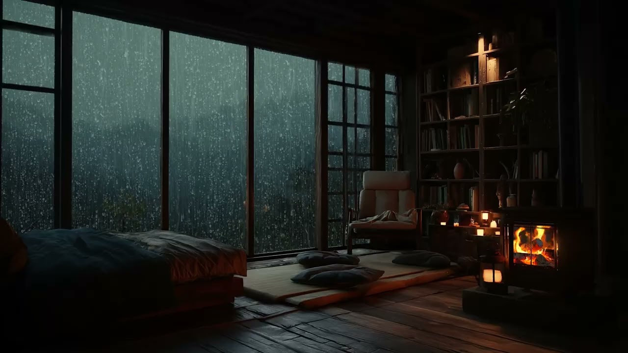 Rain on Window and Gentle Fireplace Sounds for Study Focus and Restful Sleep