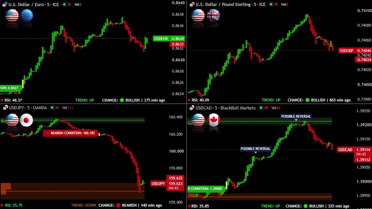 LIVE :  USDEUR USDGBP USDCAD USDCHF  EDUCATIONAL CHART ( CAD, CHF, POUND, EURO )