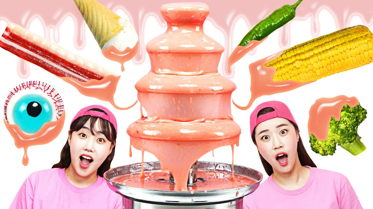 Pink Chocolate Fountain Fondue mukbang challenge by yomi yami