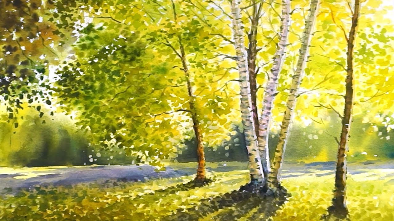 Желтый осенний березовый лес - Акварельная живопись
