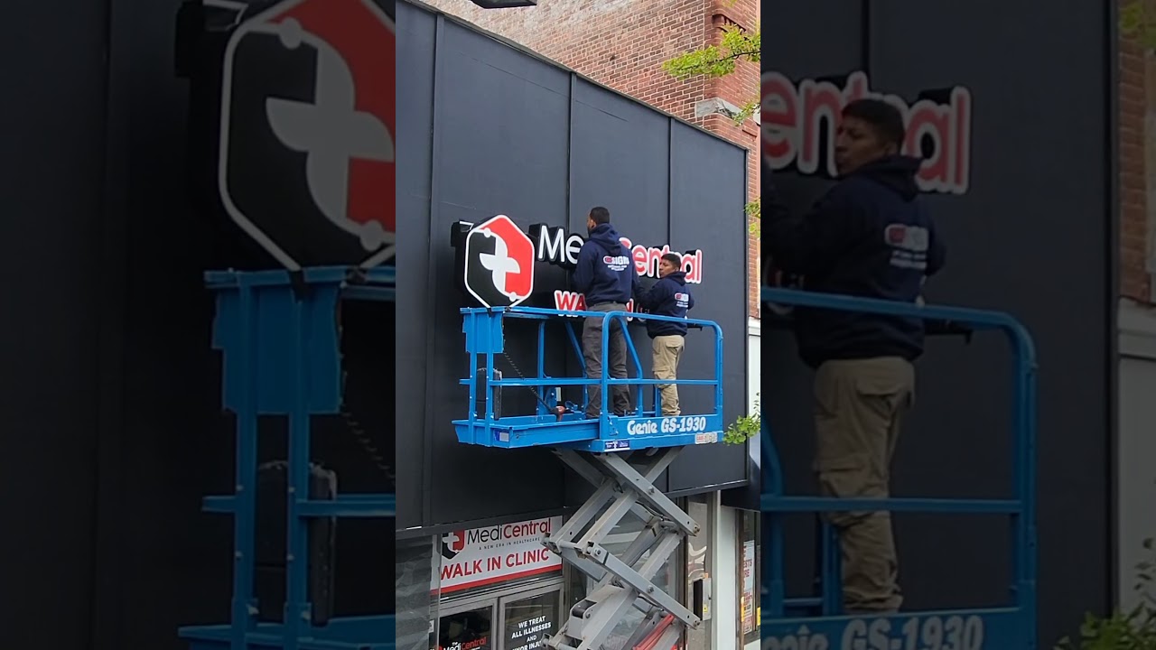 NYC professional signs installation #boomtruck #truck #vinylinstallation #sign #signletters