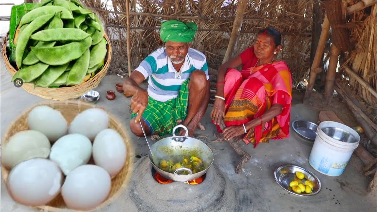 BIG SIZE DUCK EGG CURRY & SIM VORTA cooking and eating by santali tribe couple