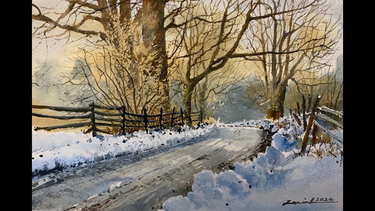 How to paint watercolor snowy scene