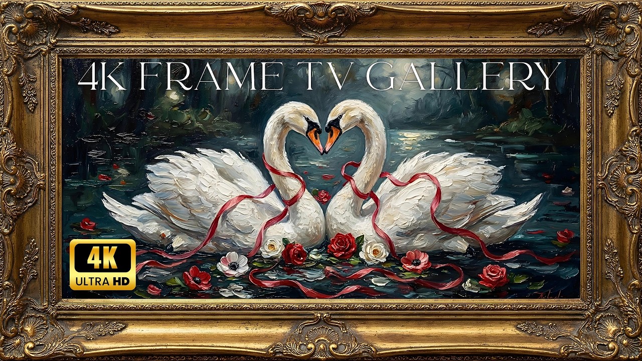 Romantic Swan Lake Oil Painting | 4K TV Frame Art | Cozy Ambience & Valentine's Decor