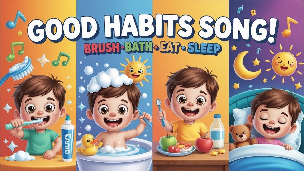 🎵 Good Habits Song for Kids | Brush, Bath, Eat & Sleep Routine | Fun Learning Nursery Rhyme 🪥🛁🍎😴.