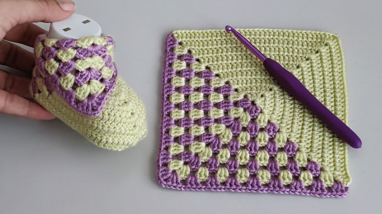 Kare Motiften Tığ işi Bebek Patiği Nasıl Yapılır? - Easy & quick Crochet Baby Booties Tutorial