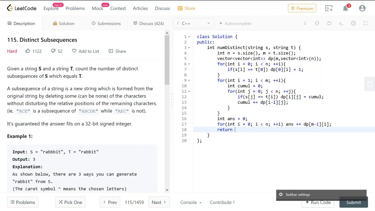 [Hard] LeetCode #115 Distinct Subsequences - Solution in C++